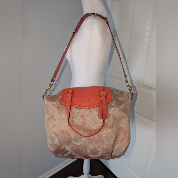Coach Ashley Dotted Op Art Beige & Coral Satchel Detachable Shoulder Strap - Picture 3 of 9